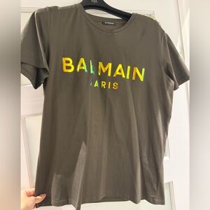 Balmain Olive Green T‑Shirt with Iridescent Yellow-Green Logo